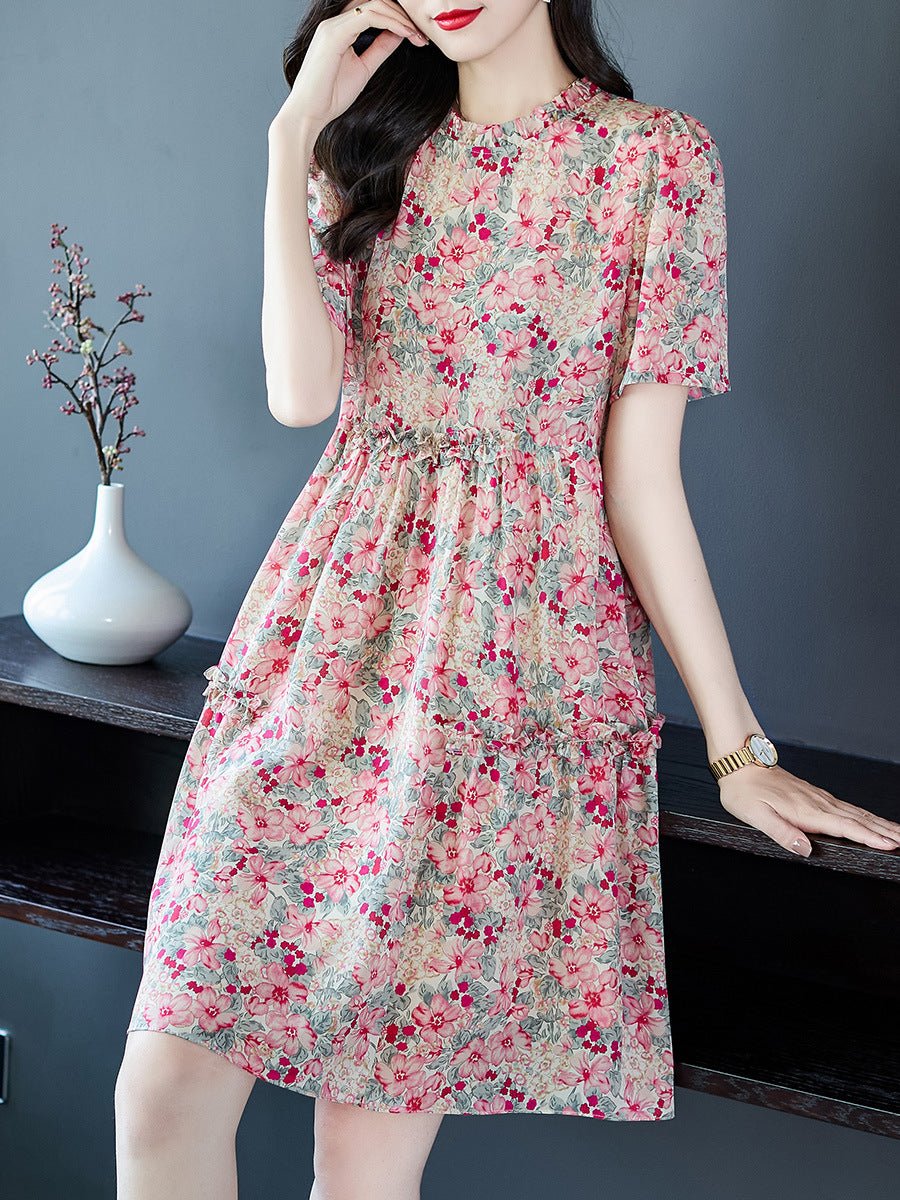 Womens Vintage Inspired Silk Floral Midi Dress Pink Silk Dress