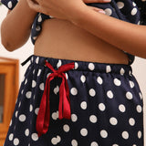 Women's Short Silk Pajamas Set Polka Dots Print Silk Sleepwear