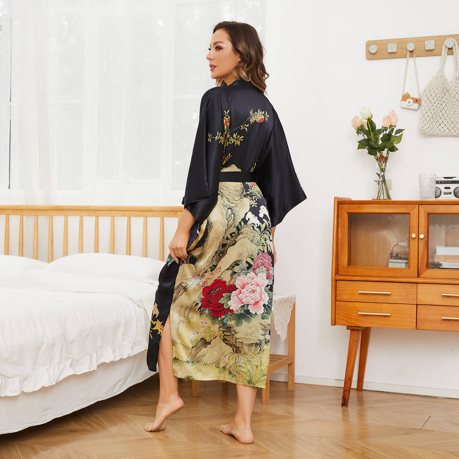 Long Flower Silk Kimono Robe for Women 100% Elegant Handpainted Silk Robes - slipintosoft