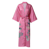 Luxury Long Silk Kimono Robe Hand Painted Cherry Blossom and Leaves - slipintosoft