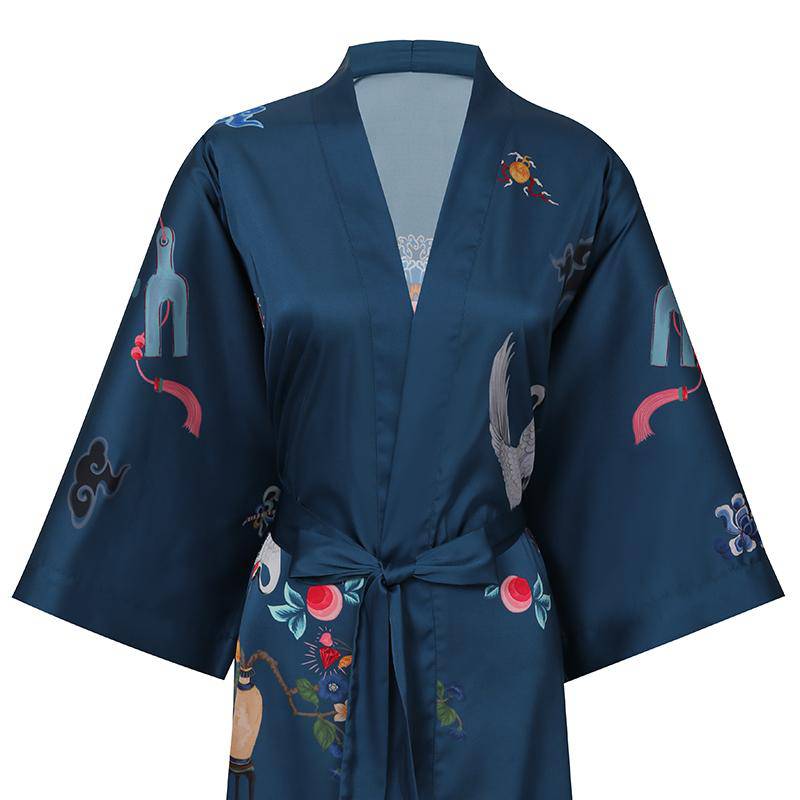 Short Crane And Dragon Print Pure Silk Kimono Robes