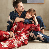Pigiama di seta stampato di lusso per coppia pigiama coordinato in seta a maniche lunghe
