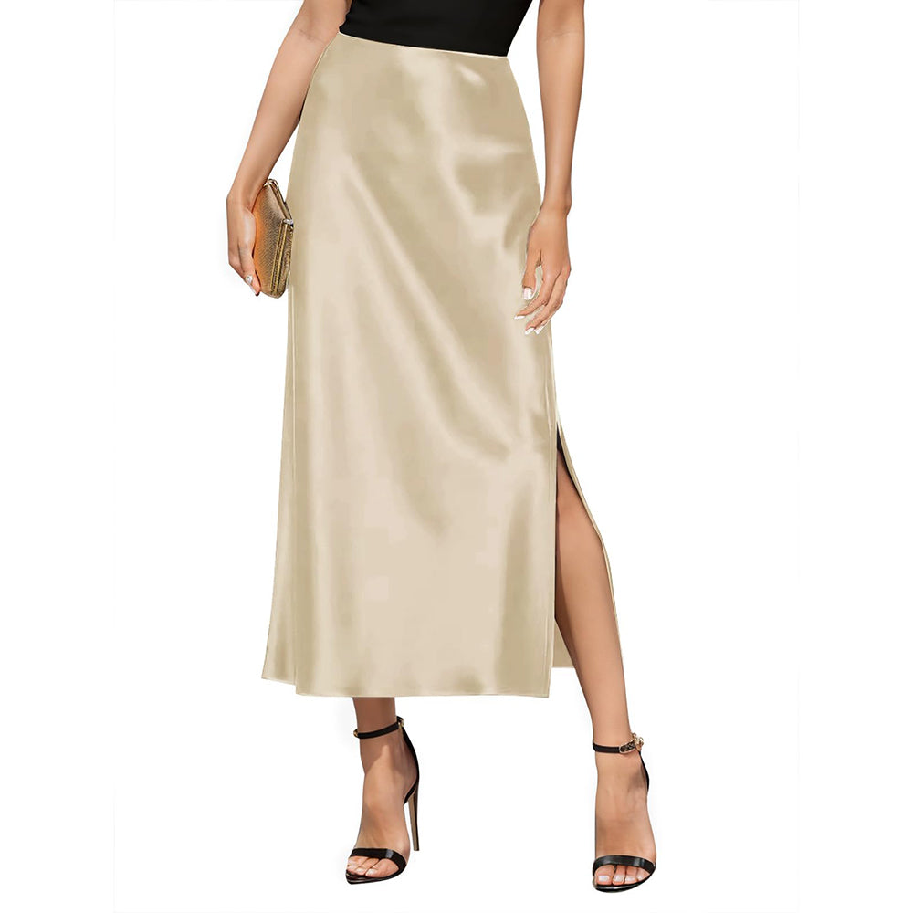 Gonna maxi di seta da donna con gonna in seta in vita a fessura laterale