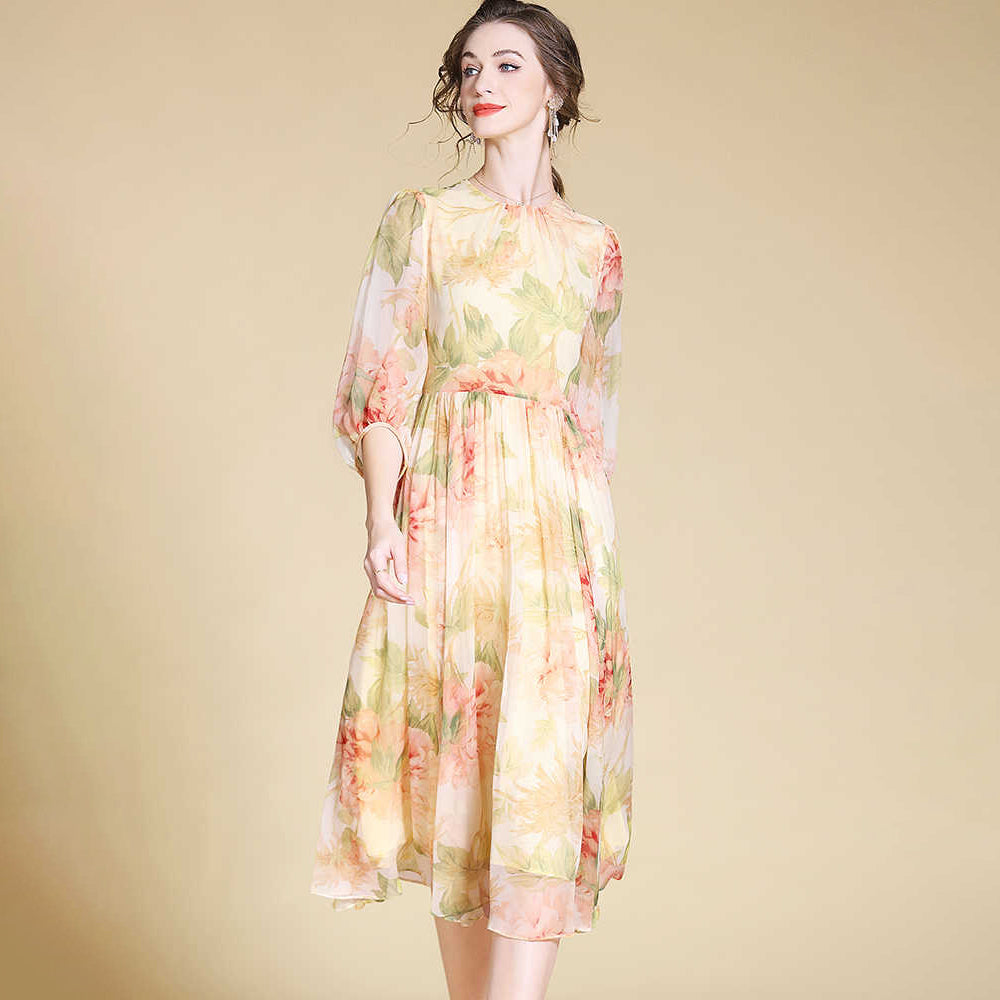 WOMENS Elegante abito midi di seta floreale con maniche a trasporto long abiti di seta