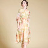 WOMENS Elegante abito midi di seta floreale con maniche a trasporto long abiti di seta