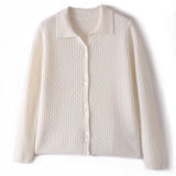 Maglione in cashmere da donna con collo a polo in puro cashmere lavorato a trecce e bottoni sul davanti