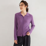 Maglione in cashmere da donna con collo a polo in puro cashmere lavorato a trecce e bottoni sul davanti