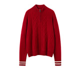 Womens Cable Knit Quarter-Zip Pure Cashmere Sweater Contrast Striped Cashmere Pullover
