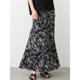 Womens Black Silk Maxi Gonna Floral Stampa abito di seta lunga