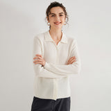 Maglione in cashmere da donna con collo a polo in puro cashmere lavorato a trecce e bottoni sul davanti