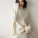 Maglione di cashmere a coste da donna dolcevita pullover raglan di cashmere