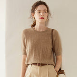 Womens Crew Neck Cashmere Sweater Short Sleeve Textured Cashmere Knit Top