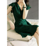 Womens Polka Dot Silk Wrap Dress V Neck Ruffle Sleeve Silk Midi Dress