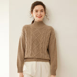 Pullover in cashmere a collo alto con maglia a rombi da donna