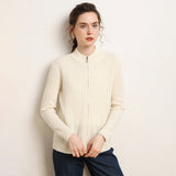 Womens Zip-Up Cashmere Cardigan Ribbed Mock Neck Cashmere Sweater