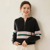 Womens Striped Cashmere Hoodie Half-Zip Cashmere Sweater