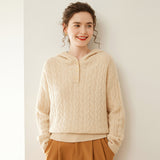 Maglione Henley in cashmere con cappuccio in cashmere lavorato a trecce da donna