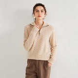 Womens Half-Zip Cable Knit Pure Cashmere Sweater Collared Cashmere Pullover