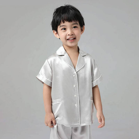 19 Momme Boys Short Silk Pajamas Set White Trimming Kid's Comfortable Nightwear -  slipintosoft