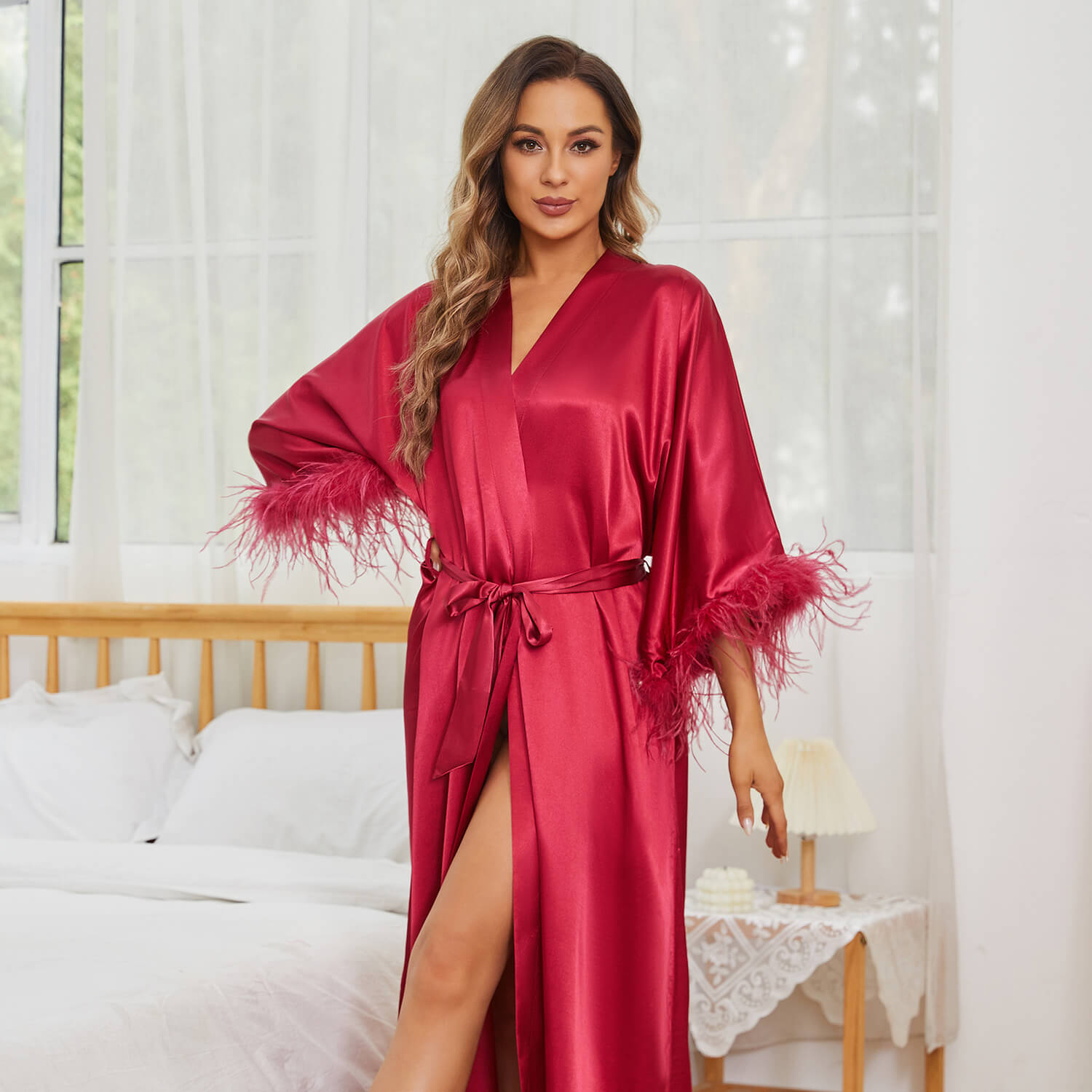 Silk Kimono Robe with Ostrich Feather Trim Long Silk Wedding Bridesmaid Robe - slipintosoft