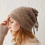 Cashmere Beanie Ribbed Edge with Drawstring Women Thick Cashmere Hats Solid Colors - slipintosoft