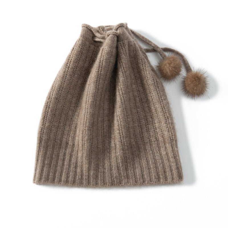 Cashmere Beanie with Fur Pom Thick Cashmere Ribbing Hats with Drawstring for Adult Cashmere Hats