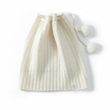 Cashmere Beanie with Fur Pom Thick Cashmere Ribbing Hats with Drawstring for Adult Cashmere Hats