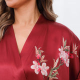 Cherry Blossom And Birds Print 100% Long Silk Kimono Robe - slipintosoft