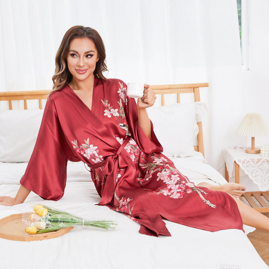 Vestaglia kimono lunga in seta 100% con stampa di fiori di ciliegio e uccelli