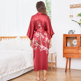 Vestaglia kimono lunga in seta 100% con stampa di fiori di ciliegio e uccelli