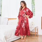 Vestaglia kimono lunga in seta 100% con stampa di fiori di ciliegio e uccelli