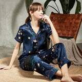 Silk Matching Pajamas Set Universe Printed Couples Silk Pajamas