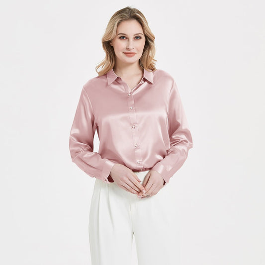 Elegante camicia maniche lunghe di seta con fibbia per perle da donna