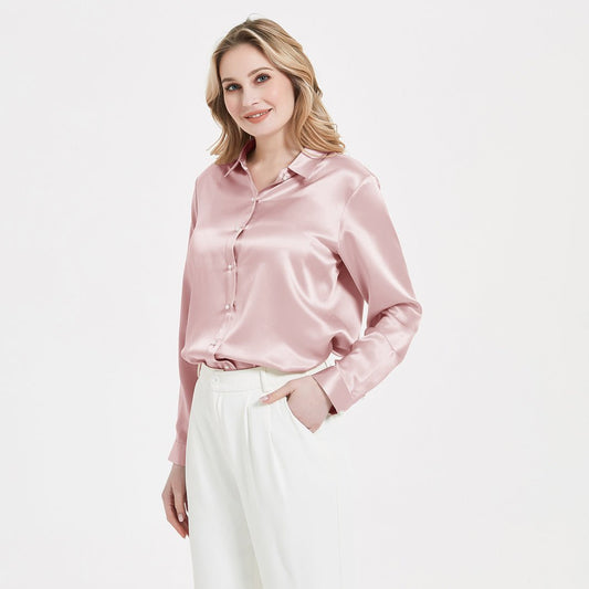 Camicia a maniche lunghe in seta con camicetta di seta con fibbia perlata da donna elegante