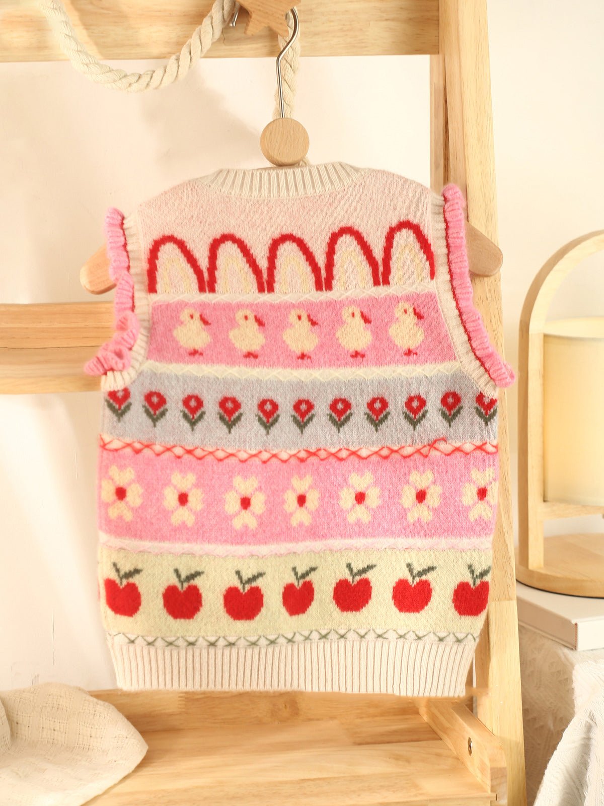Girls Colorful Cashmere Knit Vest Duck Flower Apple Pattern Cashmere Sweater