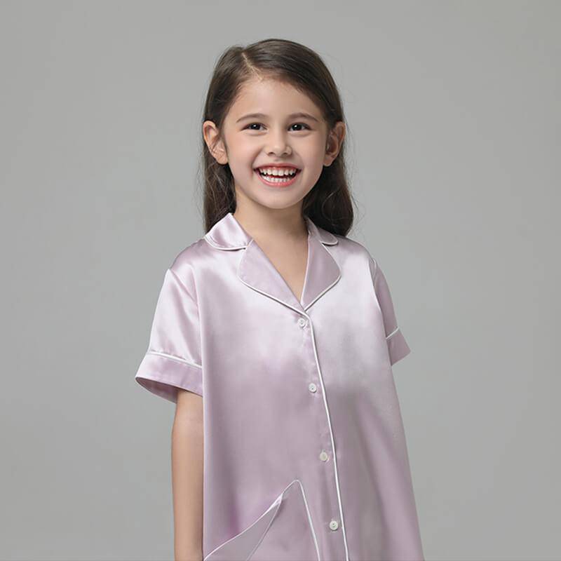 19 Momme Kid's Silk Nightshirt Girls Fashion Sleep Shirt with Pocket White Piping -  slipintosoft