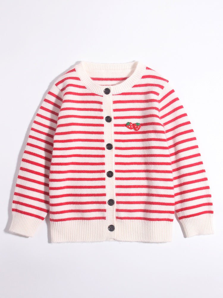 Girls Striped Cashmere Cardigan Kids Strawberry Embroidery Cashmere Sweater