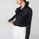 Gold Tie Neck Long Sleeve Silk Shirt For Women - slipintosoft