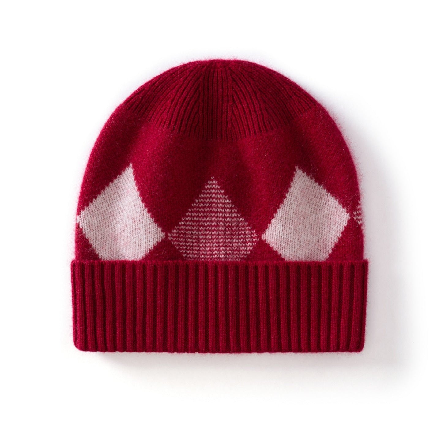 Kids Argyle Cashmere Beanie Hat Ribbed Edge Cashmere Beanie with Diamond Pattern