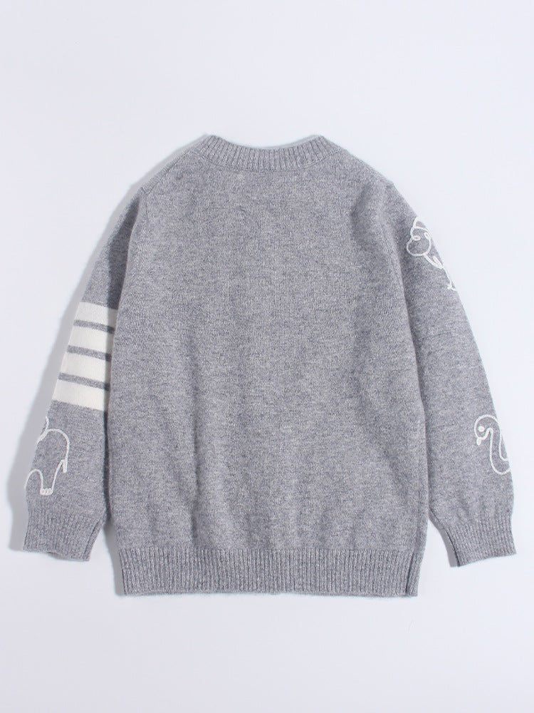 Kids Cashmere Cardigan Animal Embroidery Stripe Sleeve Cashmere Sweater