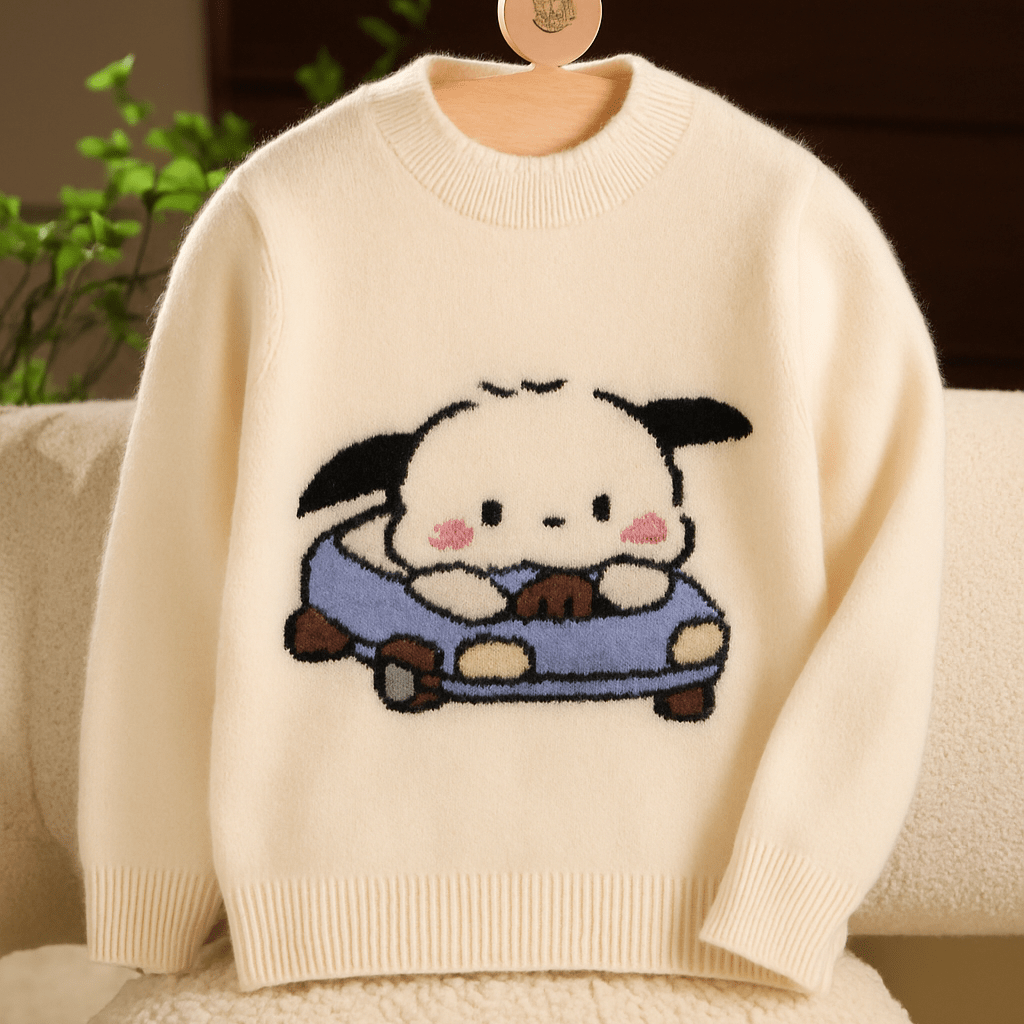 Kids Cashmere Sweater Puppy Driving Cartoon Design Cashmere Pullover