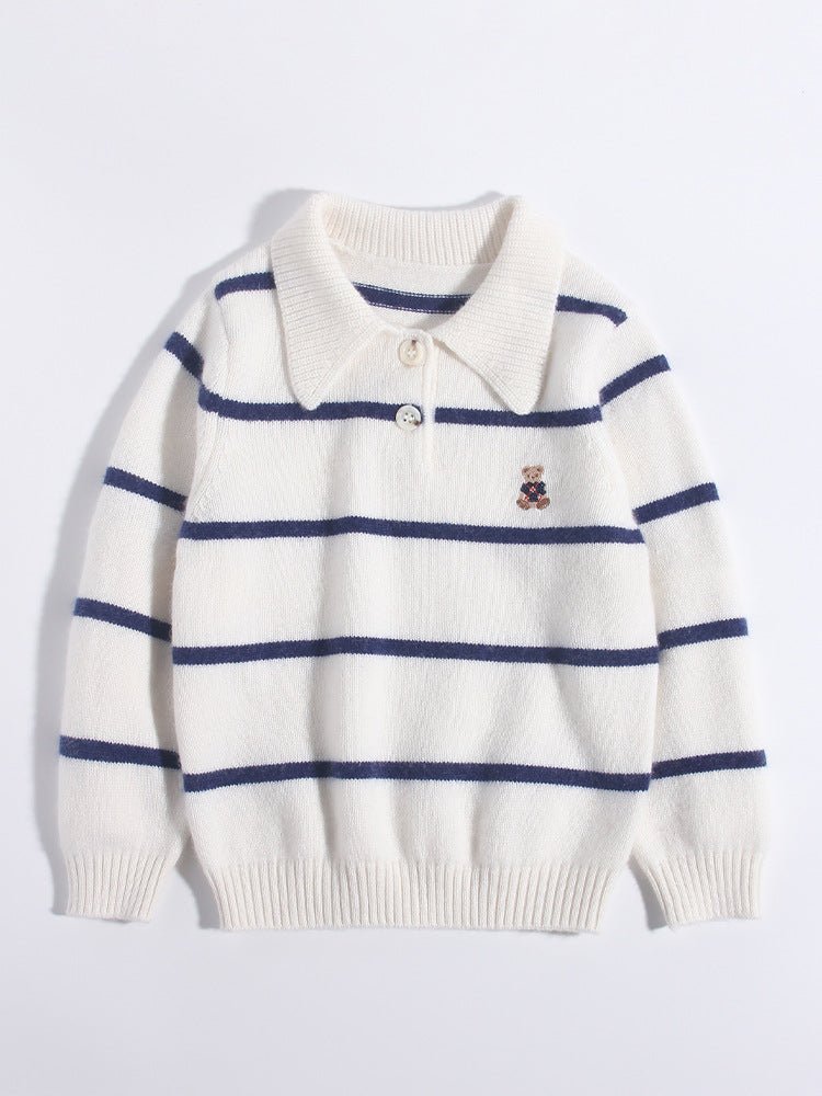 Kids Striped Cashmere Sweater Polo Neck Embroidered Bear Cashmere Pullover