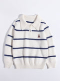 Kids Striped Cashmere Sweater Polo Neck Embroidered Bear Cashmere Pullover