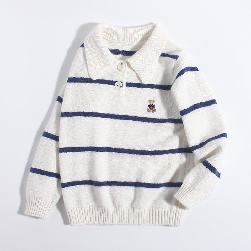 Kids Striped Cashmere Sweater Polo Neck Embroidered Bear Cashmere Pullover