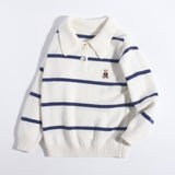 Kids Striped Cashmere Sweater Polo Neck Embroidered Bear Cashmere Pullover