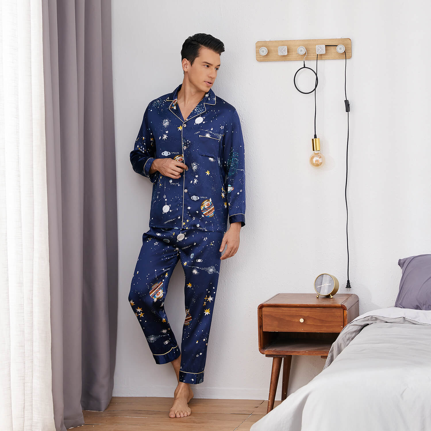 Long Silk Pajama Set for Men Luxury Print Comfortable Silk Nightwear - slipintosoft