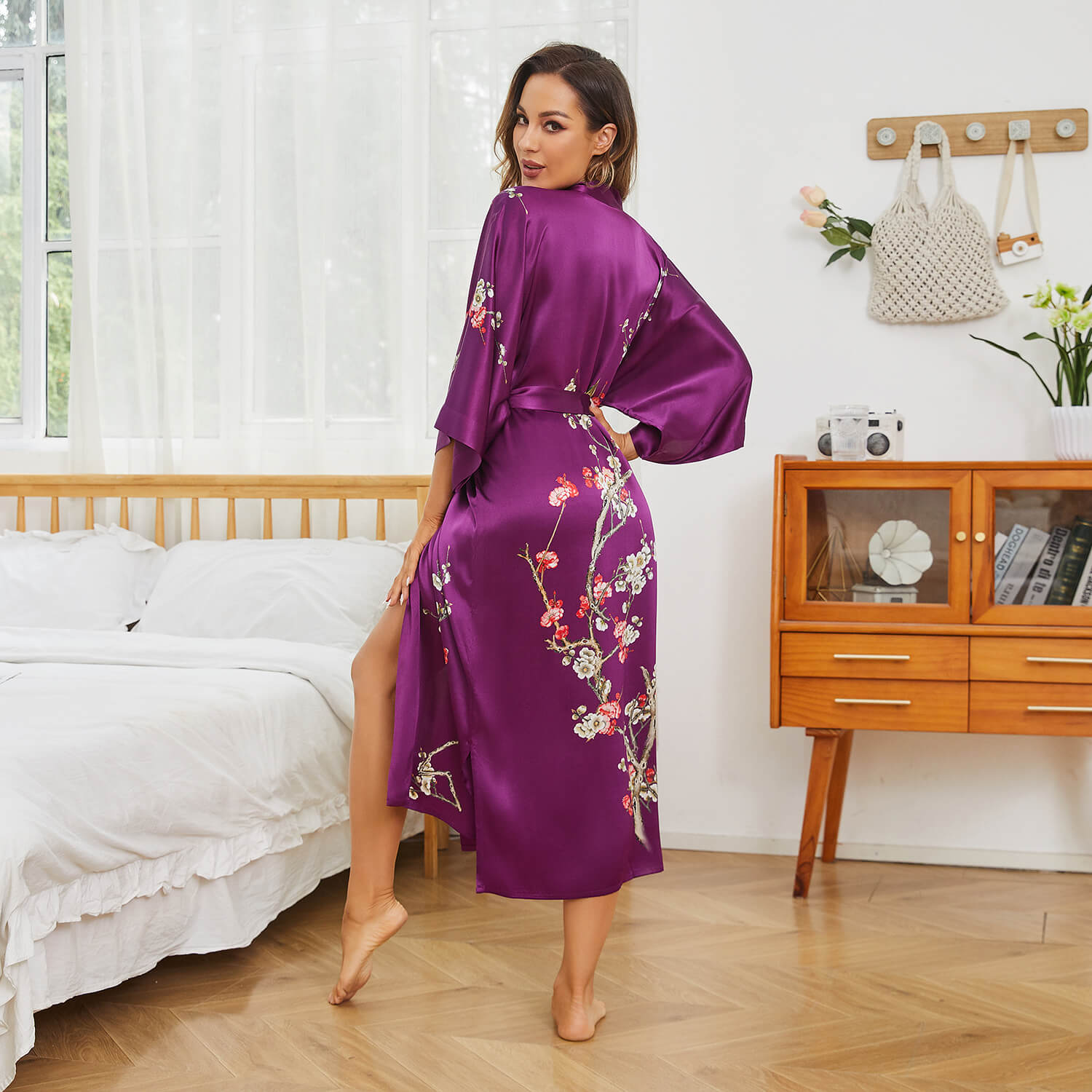 Long Silk Kimono for Women Cherry Blossom Printing Ladies Luxury Mulberry Silk Robe - slipintosoft