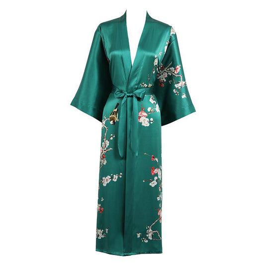 Long Silk Kimono For Women Cherry Blossom Printing Silk Robe