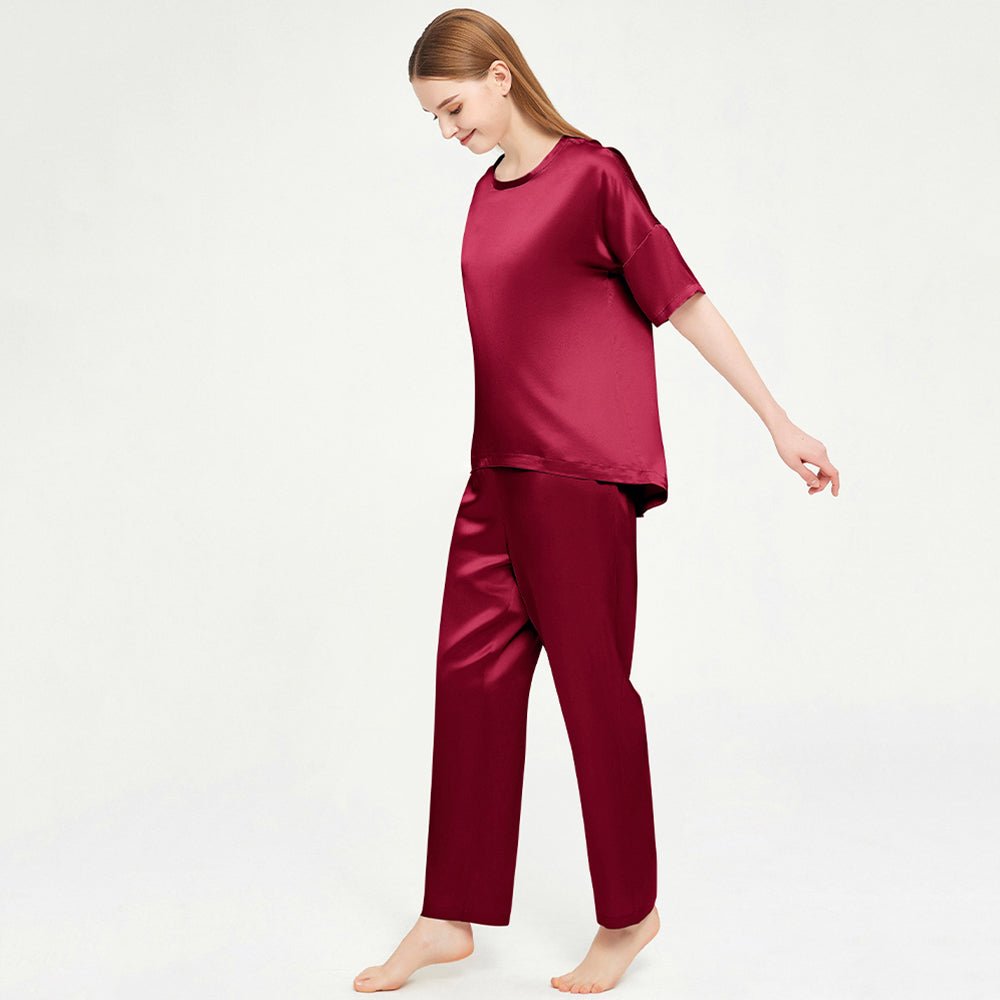 Silk Pajamas for Women Short Sleeve Long Pants Loose Silk Pajamas Set - slipintosoft