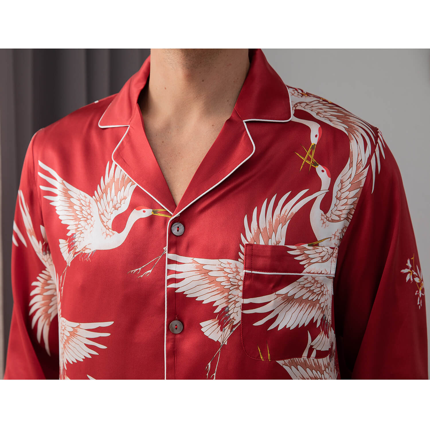 Print long Silk Pajamas Set For Men Classic ButtonDown Silk Sleepwear - slipintosoft